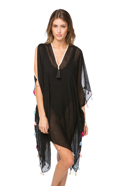 Pool to Party Kaftan One Size / Black / 50% Cotton/50% Polyester Open Shoulder Dress in Rainbow Tassel