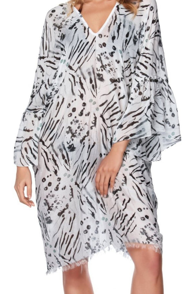 Pool to Party Kaftan One Size / Black-White / 50% Modal/50% Viscose Inked Spots & Stripes Print | Bell Kaftan