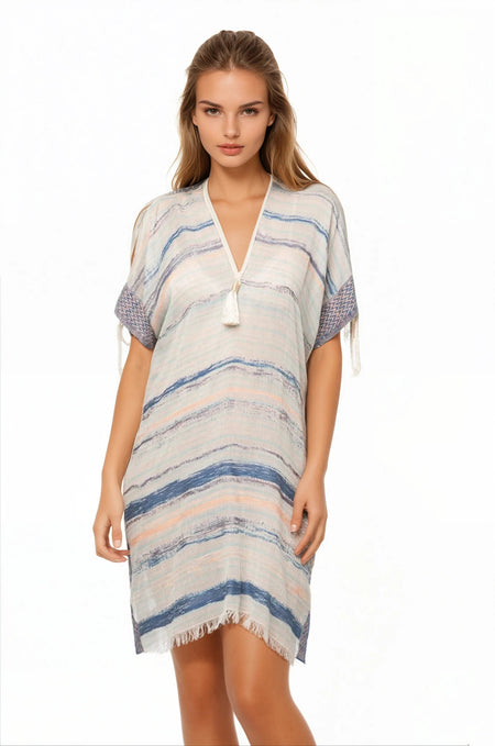 Spring Festival Print Fringe Kaftan in Teal
