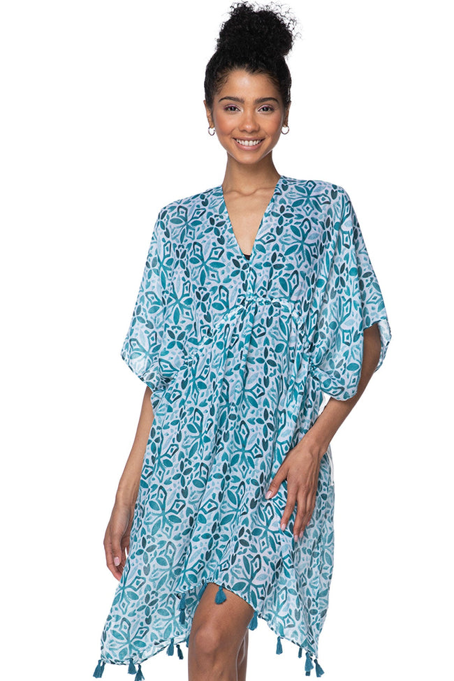 Pool to Party Kaftan One Size / Blue / 100%  Polyester Blue Tiles Blue Print in Isle Sundress Coverup