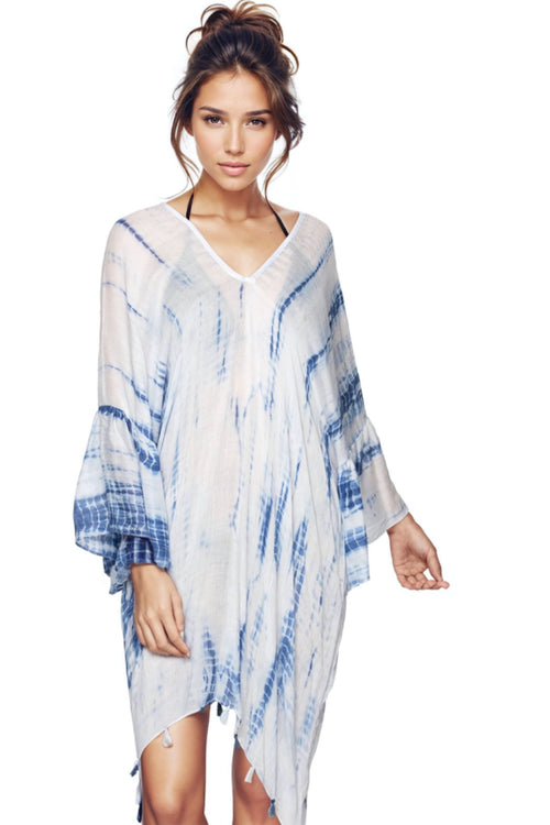 Pool to Party Kaftan One Size / Blue / 100% Viscose Oasis Tie Dye Coverup Bell Sleeve Kaftan