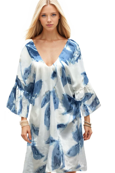 Farrah Kaftan Maxi Coverup Sundress in Coastal Blue Woven Fabric