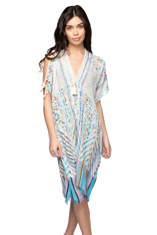 Pool to Party Kaftan One Size / Blue / 60% Viscose / 40% Cotton Open Shoulder Dress in Colors of Life Print - Blue