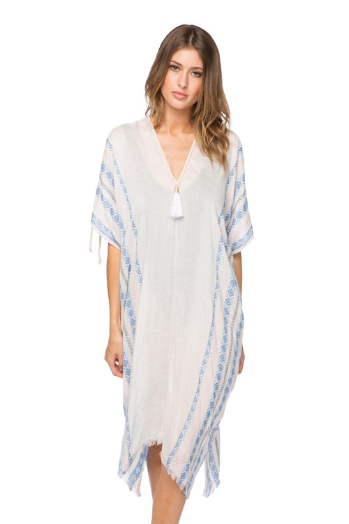 Pool to Party Kaftan One Size / Blue / 85% Viscose/15% Polyester Open Shoulder Dress in Seven Row Border