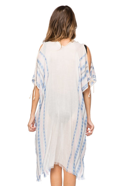 Pool to Party Kaftan One Size / Blue / 85% Viscose/15% Polyester Open Shoulder Dress in Seven Row Border