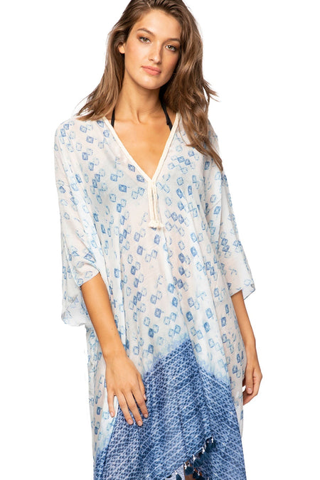 Spring Festival Print Fringe Kaftan in Teal