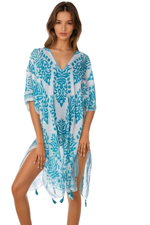 Pool to Party Kaftan One Size / Blue Dance at the Bazaar Blue Print V-Neck Coverup