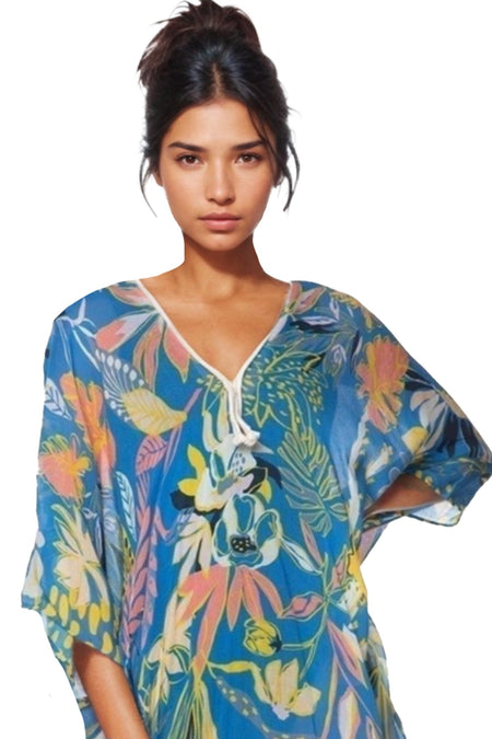 Spring Festival Print Fringe Kaftan in Teal