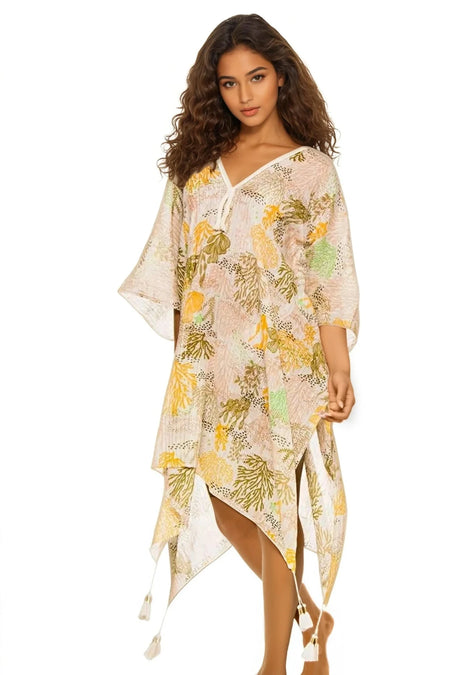 Spring Festival Print Fringe Kaftan in Teal