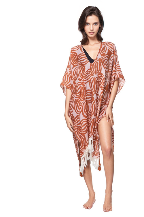 Pool to Party Kaftan One Size / Brick Samoa Island Print V-Neck Sun Dress Coverup