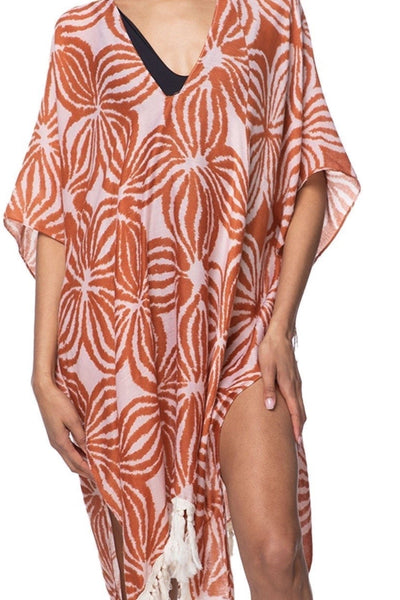Pool to Party Kaftan One Size / Brick Samoa Island Print V-Neck Sun Dress Coverup