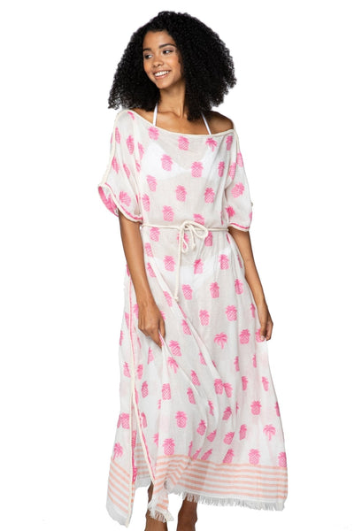 Pool to Party Kaftan One Size / Coral / 100% Cotton Tropic Pineapple |  Luxury Farrah Kaftan