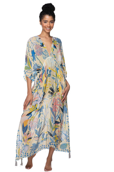 Pool to Party Kaftan One Size / Cream / 50% Modal/50% Cotton Poolside Maxi Sundress Coverup in Hearts Entwined Print