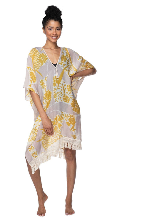 Pool to Party Kaftan One Size / Gold Morning Song Gold  Print Fringe Kaftan Coverup