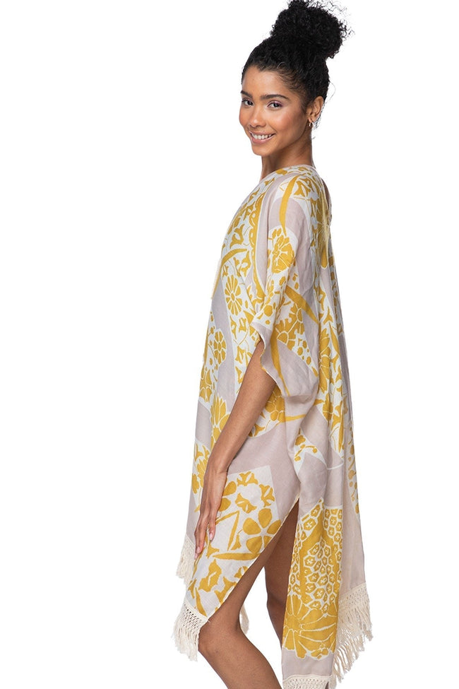 Pool to Party Kaftan One Size / Gold Morning Song Print Fringe Kaftan in Gold