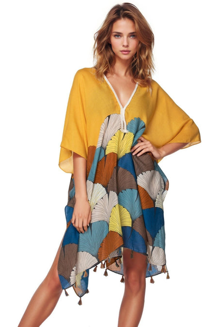 Spring Festival Print Fringe Kaftan in Teal