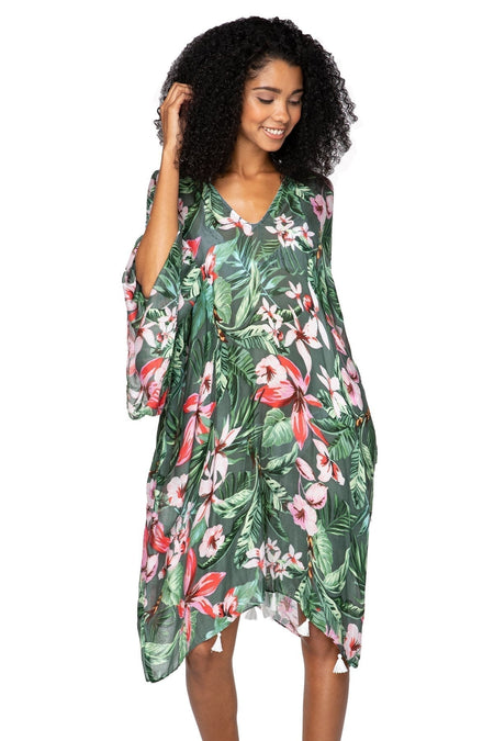 Spring Festival Print Fringe Kaftan in Teal