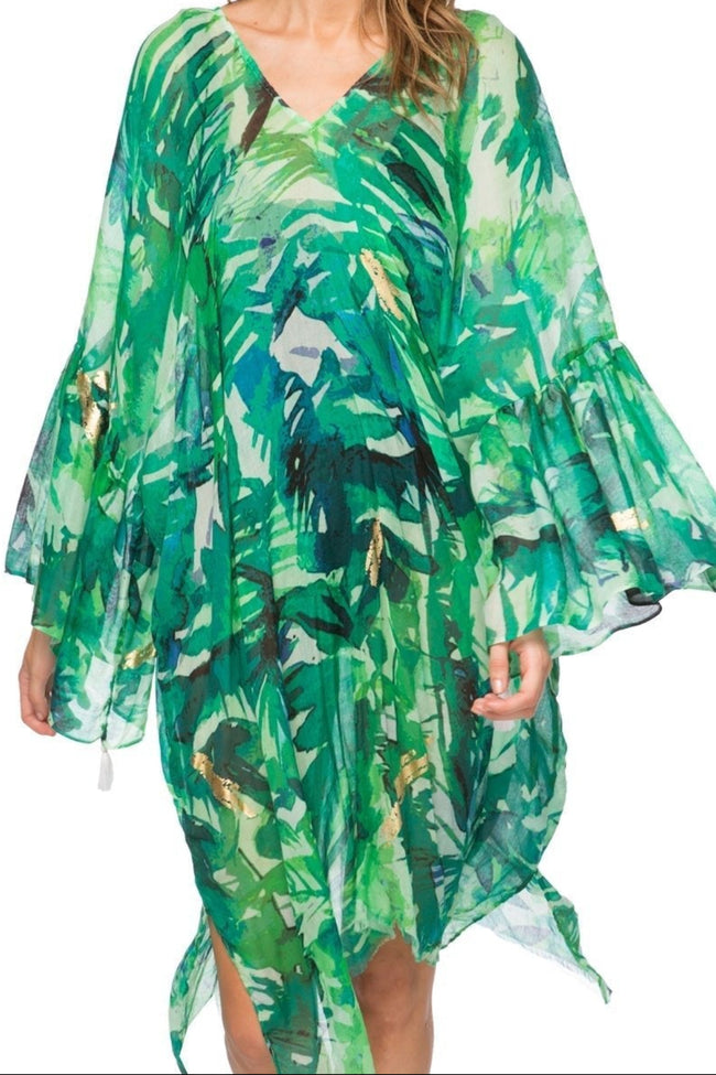 Pool to Party Kaftan One Size / Green / 60% Cotton/40% Modal Into the Jungle Bell Kaftan