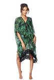 Pool to Party Kaftan One Size / Green Palms in the Moonlight Print Fringe Kaftan Coverup