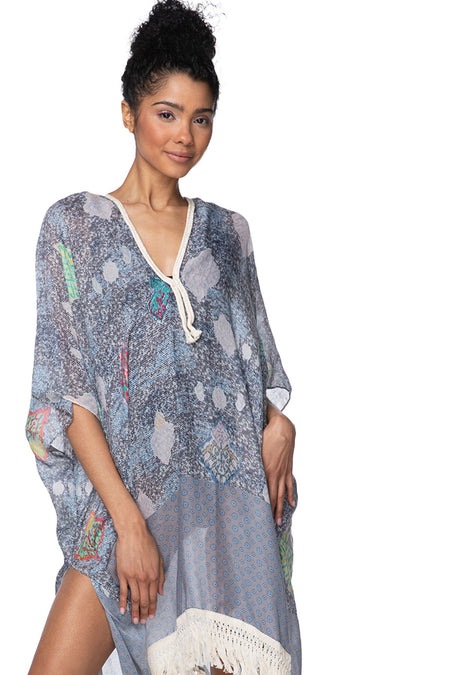 Spring Festival Print Fringe Kaftan in Teal
