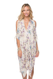 Pool to Party Kaftan One Size / Ivory / 80% Modal 20% Extra Fine Wool Open Shoulder Dress in Watercolor Garden  print