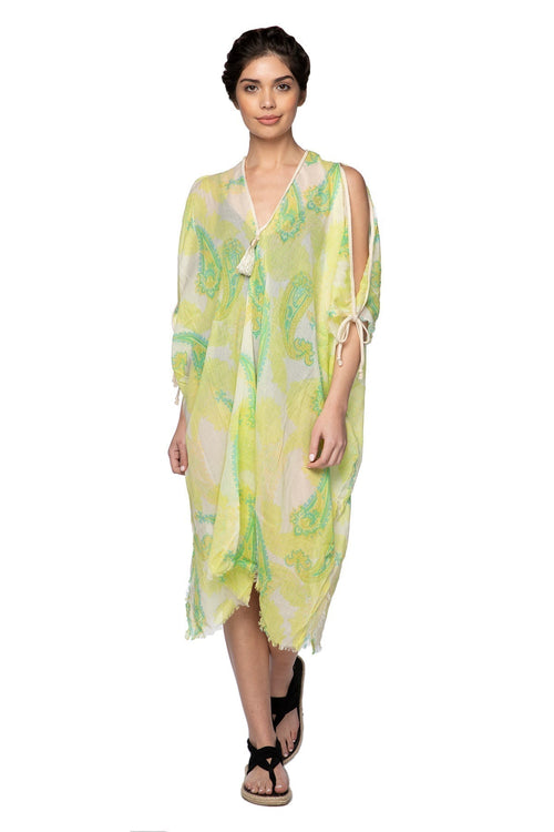 Pool to Party Kaftan One Size / Lime / 100% Cotton Open Shoulder Dress in Athena Print - Lime