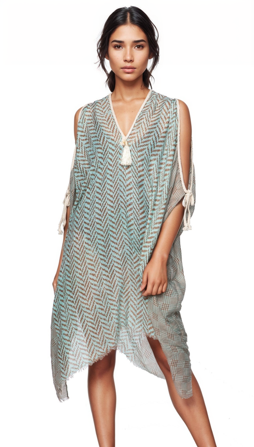 Pool to Party Kaftan One Size / Mint / 100% Polyester Open Shoulder Sundress Coverup in Chevron Border Print