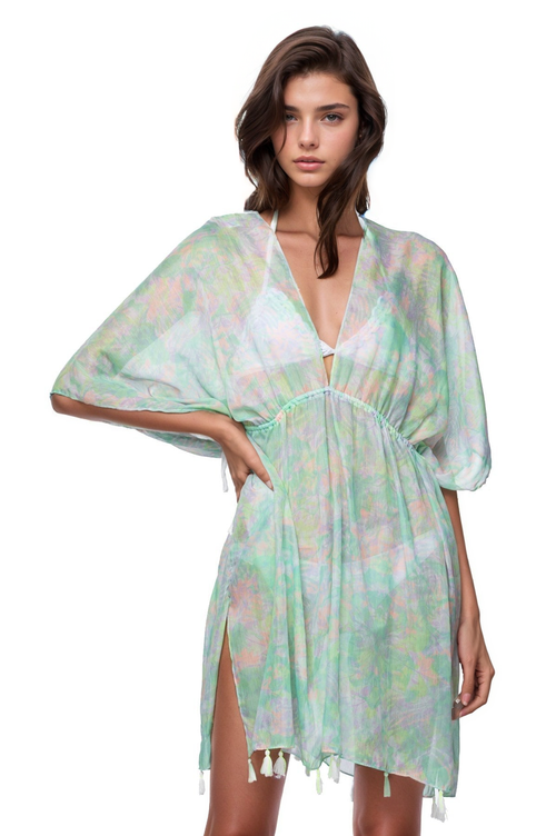 Pool to Party Kaftan One Size / Mint / 100% Sheer Soft Poly Fern &  Floral Print Isle Dress