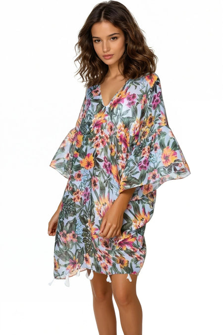 Spring Festival Print Fringe Kaftan in Teal