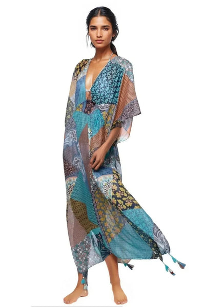 Pool to Party Kaftan One Size / Multi / 100% Poly Picnic Patchwork Poolside Maxi Dress