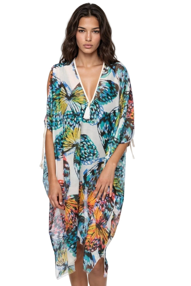Pool to Party Kaftan One Size / Multi / 100% Soft Hand Poly Open Shoulder Sundress Coverup in Butterfly Garden Print