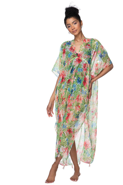 Pool to Party Kaftan One Size / Multi / 100% Soft Polyester Dreams in Paradise Print Poolside Maxi Coverup Dress