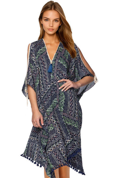 Pool to Party Kaftan One Size / Multi / 75% Viscose 25% X-Fine Wool Open Shoulder Sundress Coverup in Geo Scribbles Print