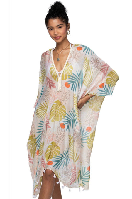 Spring Festival Print Fringe Kaftan in Teal