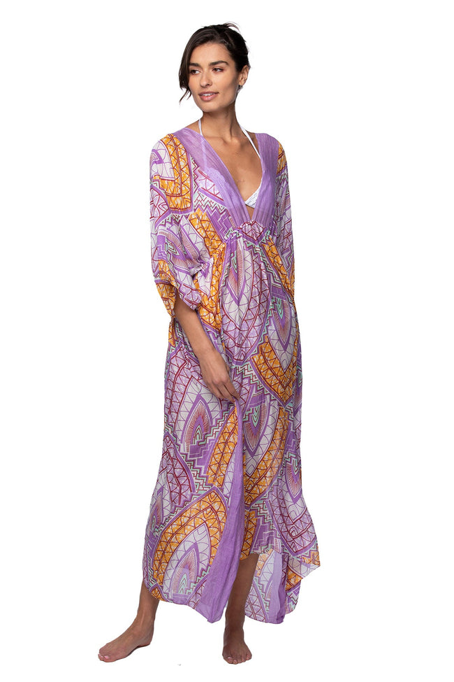 Pool to Party Kaftan One Size / Muted / 50% Modal/50% Viscose Poolside Maxi Sundress Coverup – Wonderland Purple Print