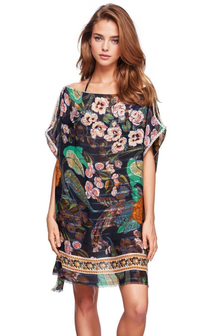 Open Shoulder Sundress Coverup in Tangerine Dream Print