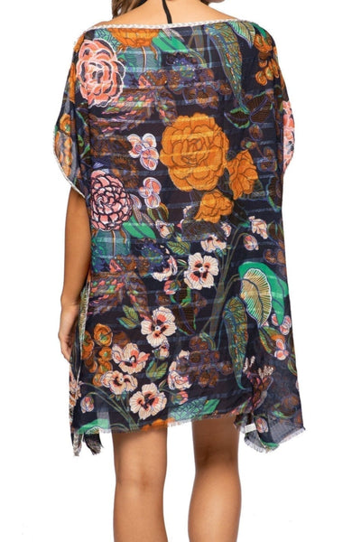 Pool to Party Kaftan One Size / Navy / 100% Satin Poly Enchanting Blooms Corinthian Shift