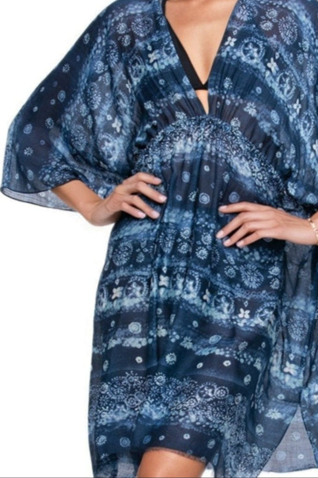 Pool to Party Kaftan One Size / Navy / 50% Modal/50% Viscose Flower Stamps Isle Dress in Navy