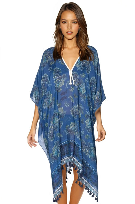 Spring Festival Print Fringe Kaftan in Teal