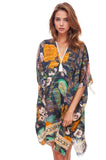 Pool to Party Kaftan One Size / Navy / Satin Poly Open Shoulder Sundress Coverup in Enchanting Blooms Print