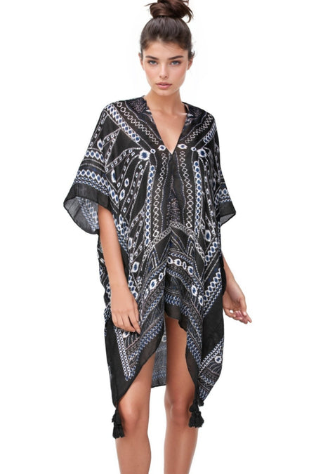 Spring Festival Print Fringe Kaftan in Teal