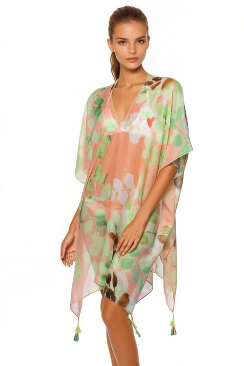 Pool to Party Kaftan One Size / Peach Sweet Pea Orange & Lime Print V-Neck Coverup Dress