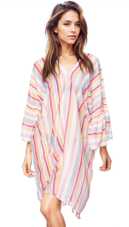 Pool to Party Kaftan One Size / Pink / 100% Polyester Sahara Stripe Sheer Print Bell Kaftan Coverup