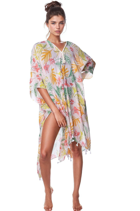 Spring Festival Print Fringe Kaftan in Teal
