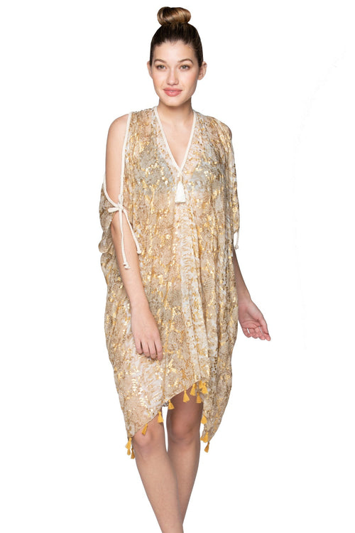 Pool to Party Kaftan One Size / Sand / 100% Poly Open Shoulder Dress in Shimmer Slither print