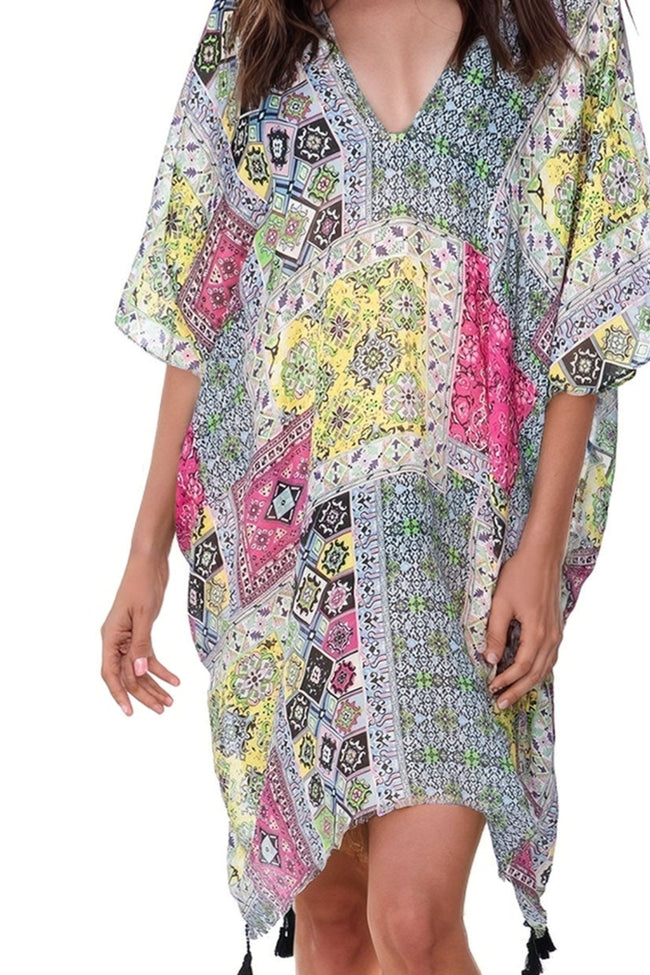 Pool to Party Kaftan One Size / Sky - Summer Bazaar Summer Bazaar Print Kaftan V-Neck Dress in Sky