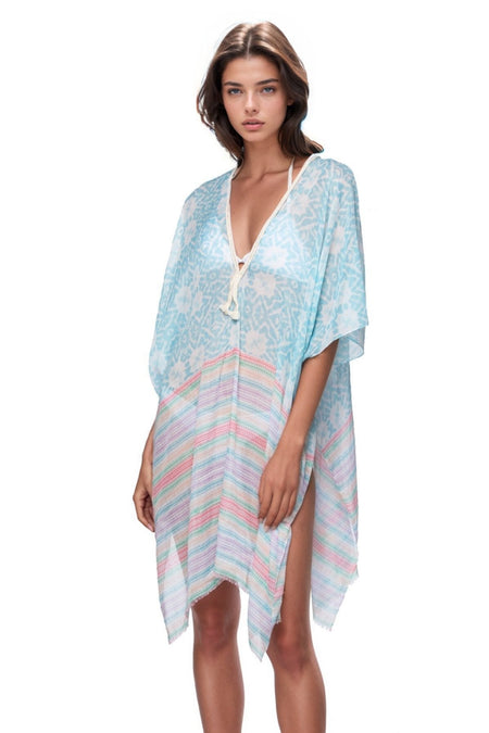 Spring Festival Print Fringe Kaftan in Teal