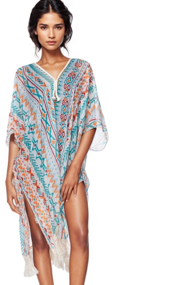 Pool to Party Kaftan One Size / Teal Spring Festival Print Fringe Kaftan in Teal