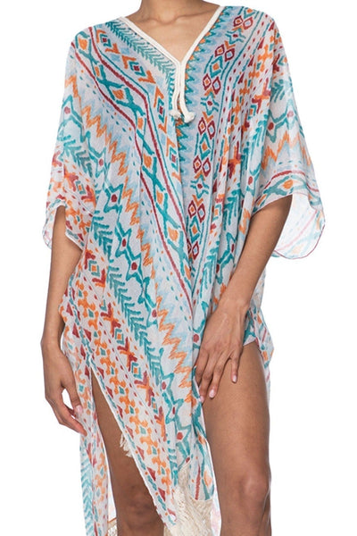 Pool to Party Kaftan One Size / Teal Spring Festival Print Fringe Kaftan in Teal