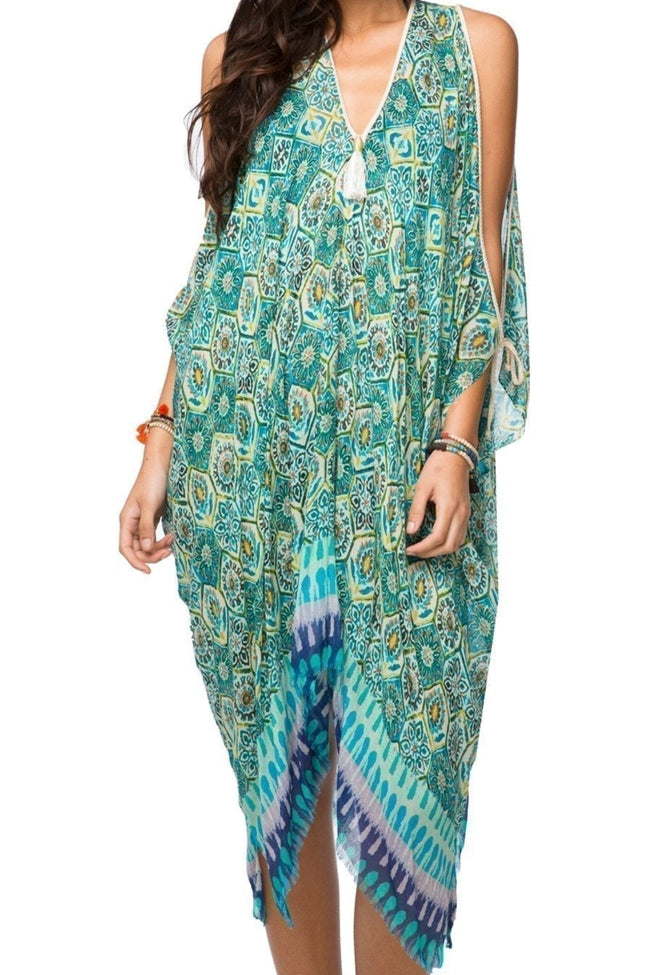 Pool to Party Kaftan One Size / Turq / 54% Cotton, 44% Modal Open Shoulder Dress in Venetian Tiles